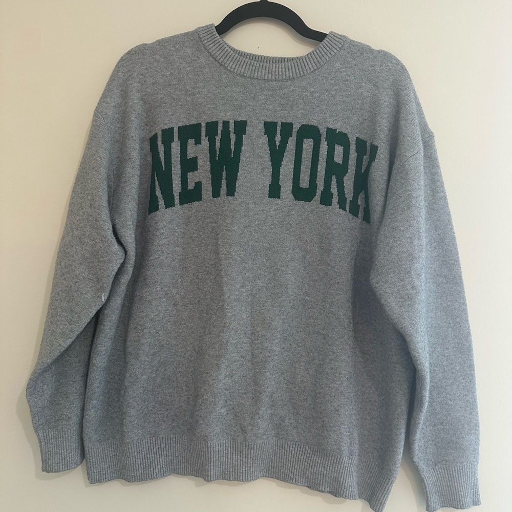New York Grey Crewneck Sweater with Green Lettering
